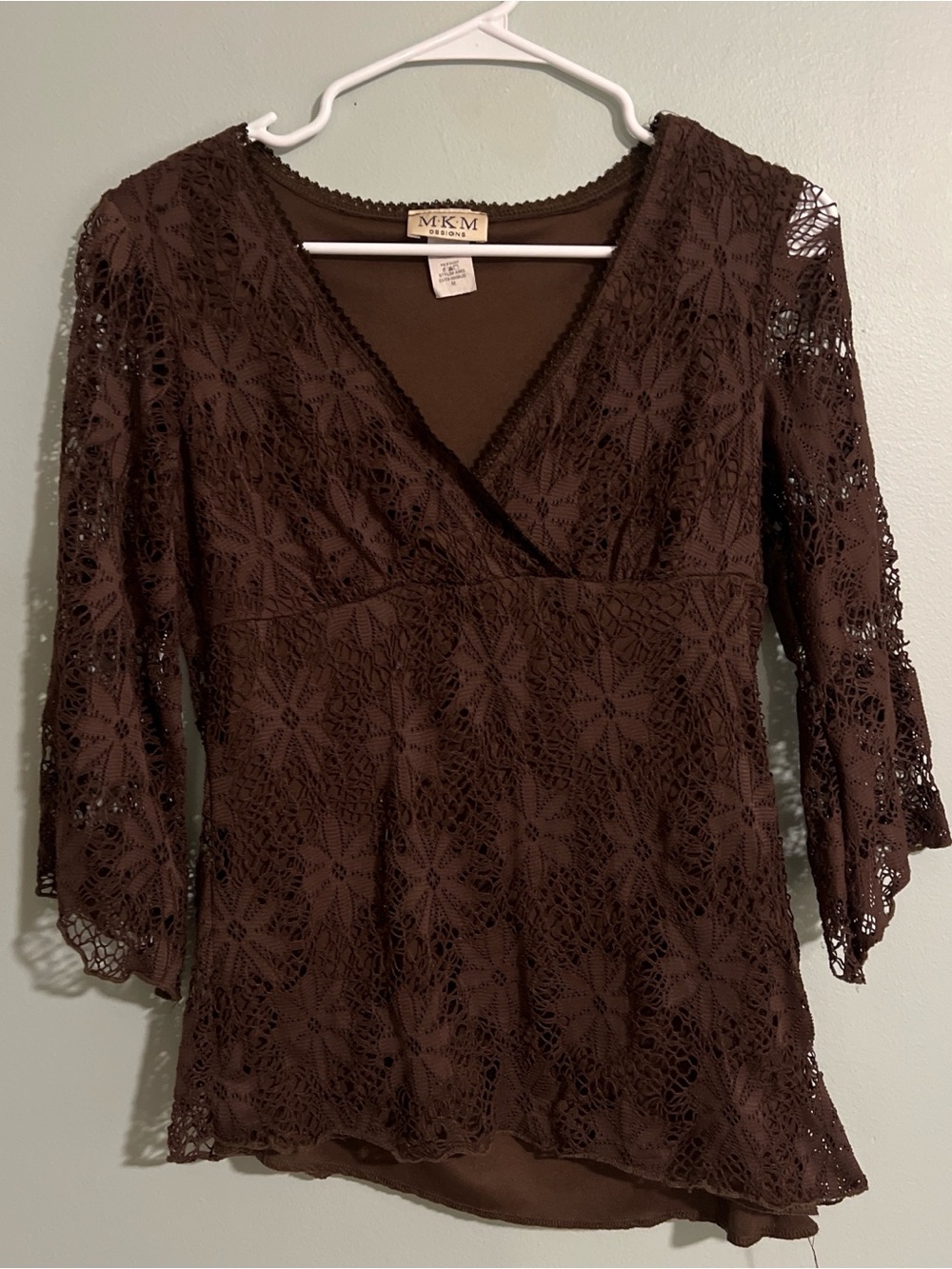 MKM Designs Brown Whimsy Fairy Core Lace 3/4 Bell Sleeve V Neck Asymmetry Top M